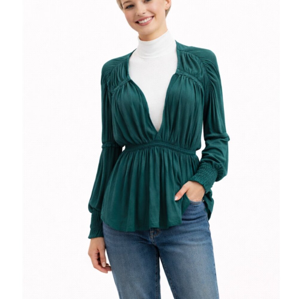 Free People Teal Peplum Blouse Size M Flowy Long Sleeve BOHO - Picture 2 of 10